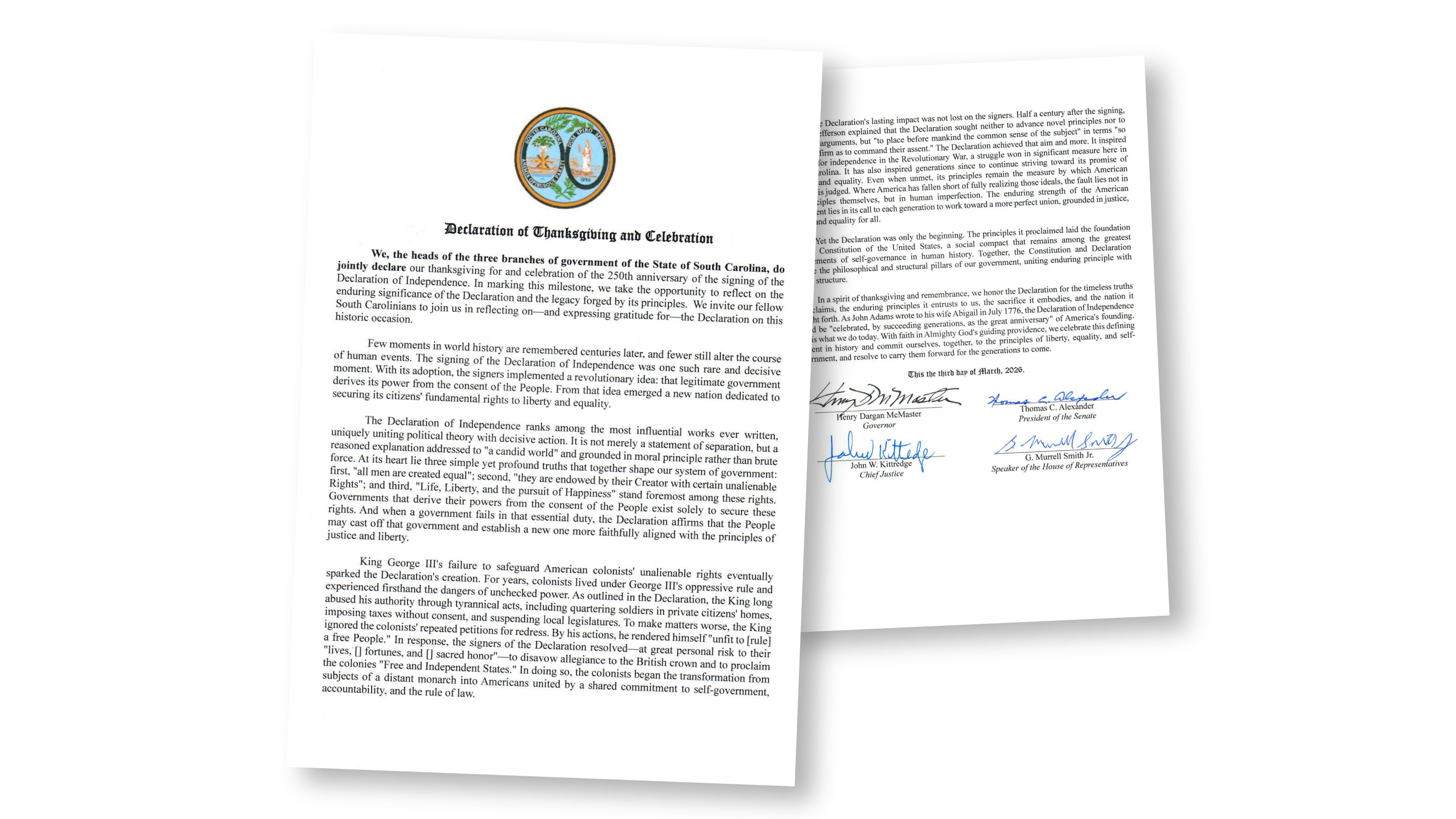 Declaration of Thanksgiving and Celebration signed by South Carolina's three branches of government